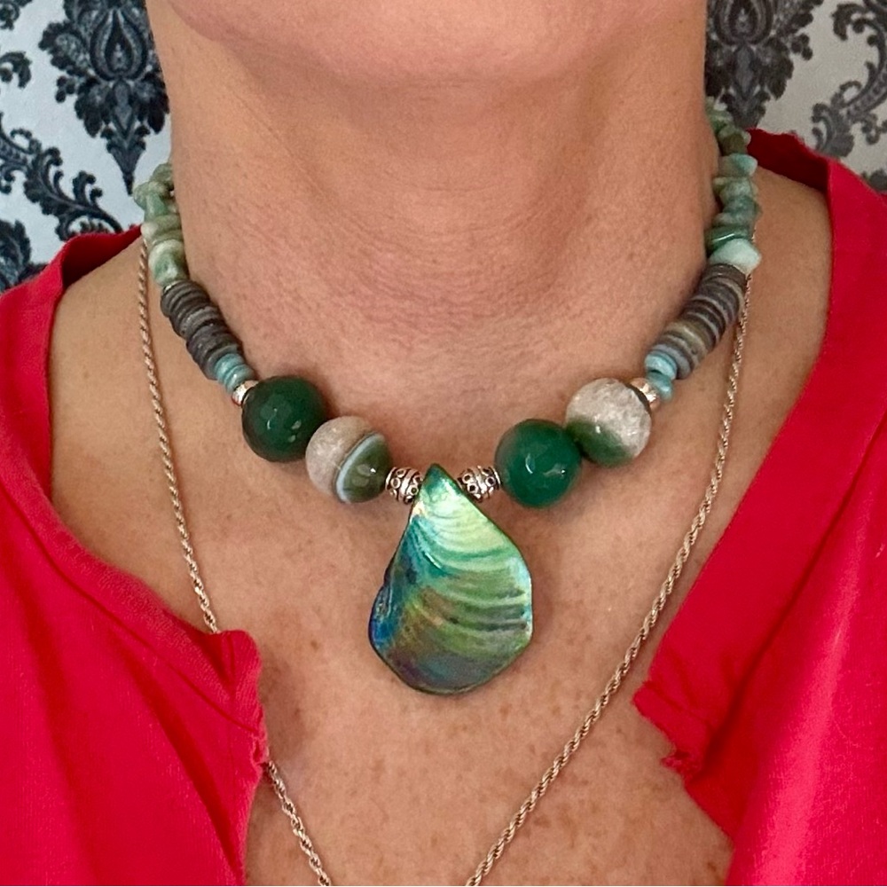 beautiful oyster shell, flower agate and aquamarine genuine real stones